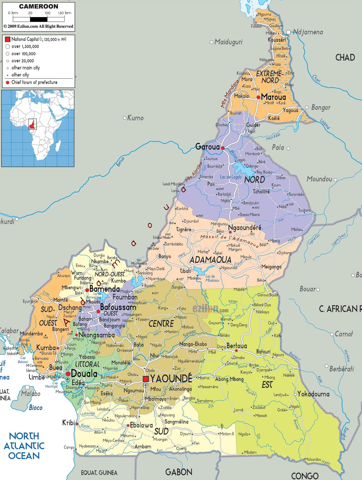 ಕ್ಯಾಮರೂನ್ ನಕ್ಷೆ ಪ್ರದೇಶಗಳಲ್ಲಿ